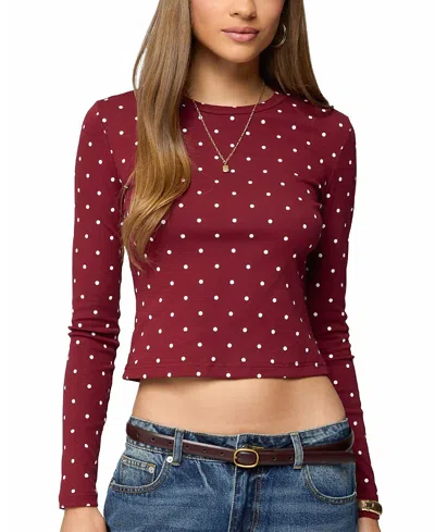 Edikted Daliya Polka Dot Long Sleeve Crop Shirt In Burgundy