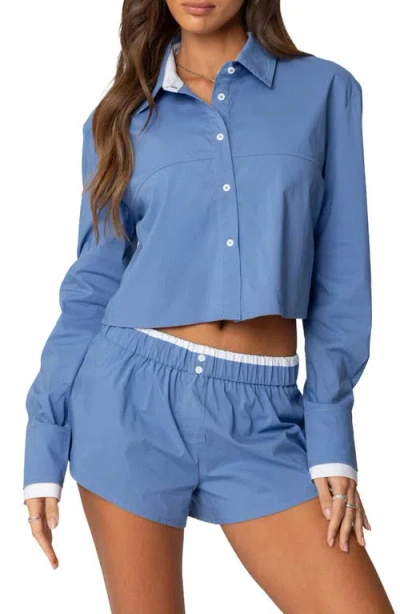 Edikted Danette Crop Cotton Button-up Shirt In Blue