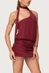 Edikted Danit Fringe Trim One-shoulder Minidress In Burgundy