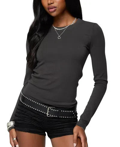 Edikted Daphne Ribbed Long Sleeve T Shirt In Gray