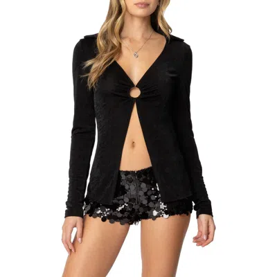 Edikted Daria Split Front Long Sleeve Shirt In Black