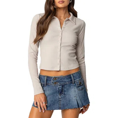 Edikted Darin Button-up Rib Crop Top In Light-gray