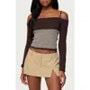 Edikted Darya Stripe Cold Shoulder Crop Top In Black
