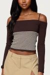 Edikted Darya Stripe Cold Shoulder Crop Top In Brown