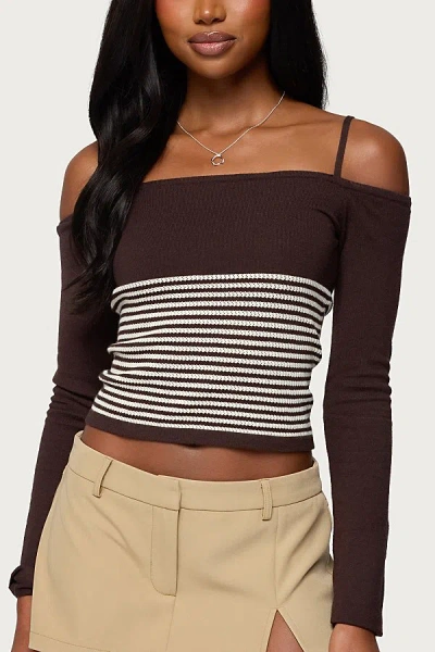 Edikted Darya Striped Off Shoulder Knit Top In Brown, Women's At Urban Outfitters