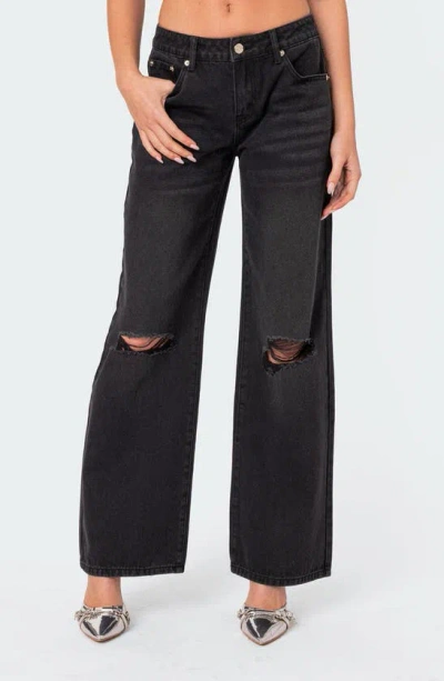 Edikted Debbie Ripped Low Rise Wide Leg Jeans In Black