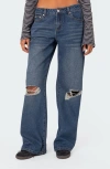 Edikted Debbie Ripped Low Rise Wide Leg Jeans In Indigo Blue Raw Washed