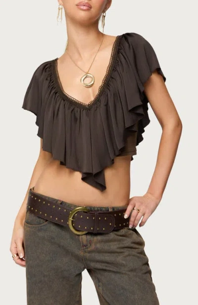 Edikted Deena Ruffle V-neck Top In Brown