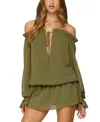 Edikted Delphine Off Shoulder Chiffon Romper In Olive, Women's At Urban Outfitters In Green