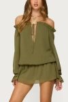 Edikted Delphine Off Shoulder Chiffon Romper In Olive, Women's At Urban Outfitters