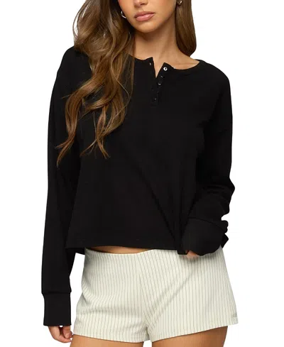 Edikted Deni Long Sleeve Henley Waffle Top In Black