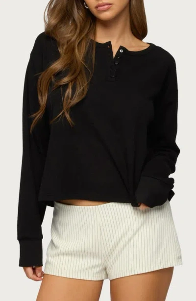 Edikted Deni Long Sleeve Henley Waffle Top In Black