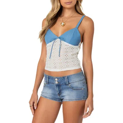 Edikted Denim & Eyelet Tank Top In Blue-and-white
