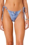 Edikted Denim Print Side Tie Bikini Bottoms In Blue