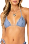 Edikted Denim Print Triangle Bikini Top In Blue