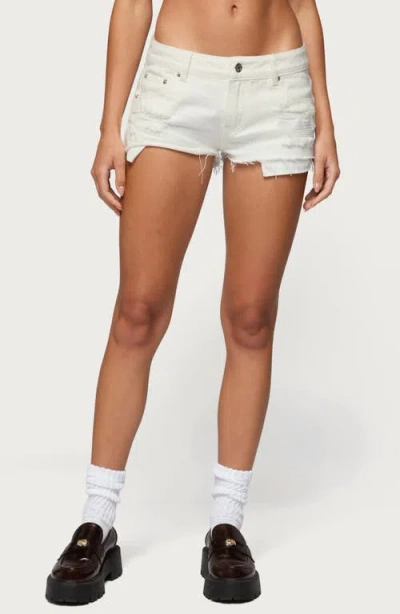Edikted Devin Low Rise Micro Denim Cutoff Shorts In White