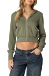 Shop Edikted Distressed Crop Zip-up Hoodie In Olive