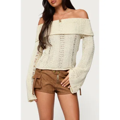 Edikted Distressed Foldover Off The Shoulder Sweater In White