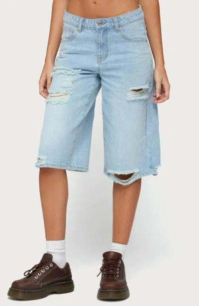 Edikted Distressed Low Rise Boyfriend Shorts In Light-blue-washed