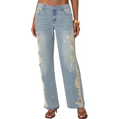 Edikted Distressed Side Washed Wide Leg Jeans In Blue