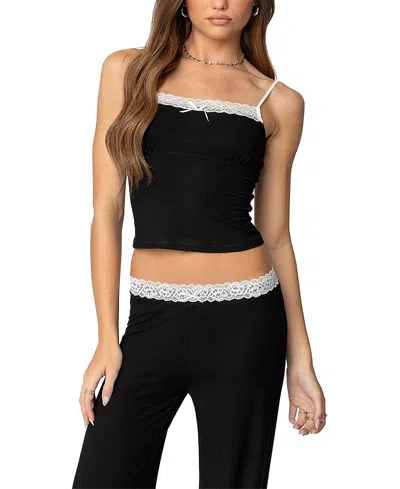 Edikted Domino Contrast Lace Trim Tank Top In Black