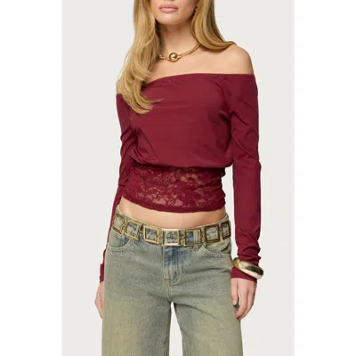 Edikted Dorona Off The Shoulder Lace Trim Top In Burgundy
