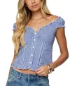 Edikted Dorothie Gingham Ruffle Crop Cotton Button-up Shirt In Blue