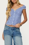Edikted Dorothie Gingham Ruffle Crop Cotton Button-up Shirt In Blue