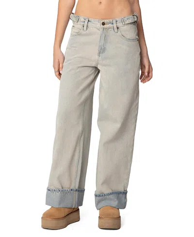 Edikted Double Belt Washed Low Rise Jeans In Blue In Blue-washed