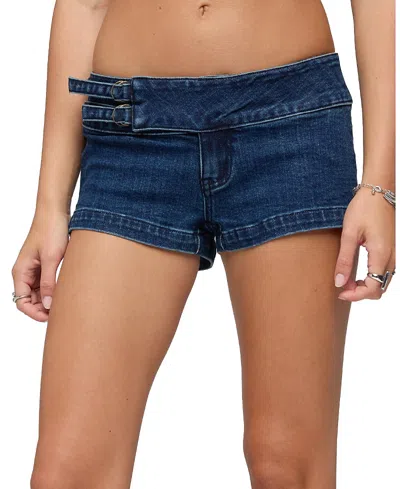 Edikted Double Belted Low Rise Denim Shorts In Blue