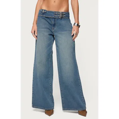 Edikted Double Buckle Low Rise Wide Leg Jeans In Blue