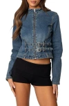 Edikted Double Buckle Strap Denim Jacket In Blue