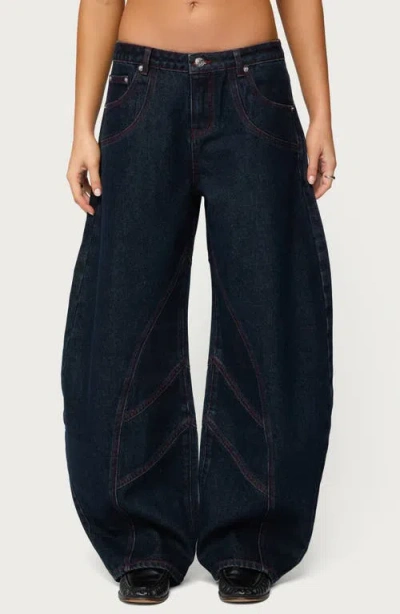 Edikted Double Pocket Low Rise Barrel Leg Jeans In Blue