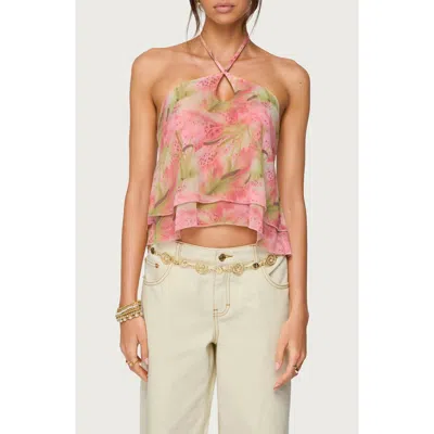 Edikted Dragon Lily Tiered Chiffon Halter Top In Pink