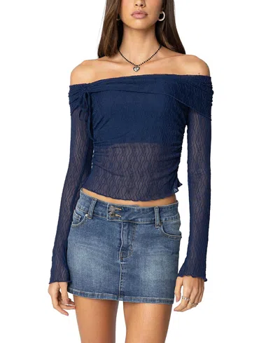 Edikted Off The Shoulder Long Sleeve Sheer Top In Navy