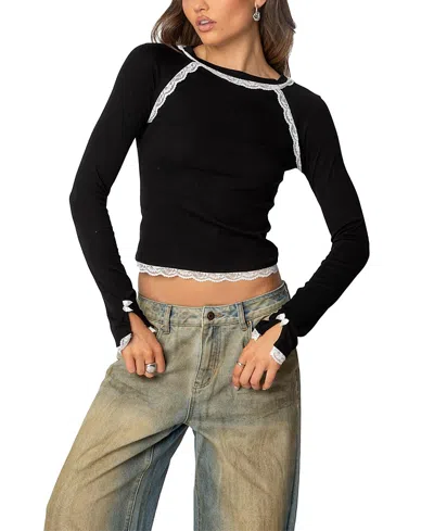 Edikted Edith Lacey Ribbed Top In Black-and-white