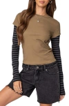 Edikted Eliana Layered Long Sleeve T-shirt In Olive