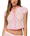Edikted Elisa Open Knit Button Up Top In Pink