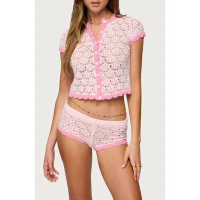Edikted Elisa Open Knit Short Sleeve Cotton Crop Cardigan In Pink