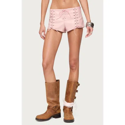 Edikted Elisha Lace Up Faux Leather Shorts In Pink