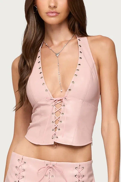 Edikted Elisha Lace Up Faux Leather Halter Top In Pink, Women's At Urban Outfitters