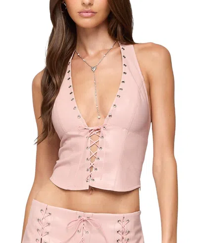 Edikted Elisha Lace Up Faux Leather Halter Top In Pink