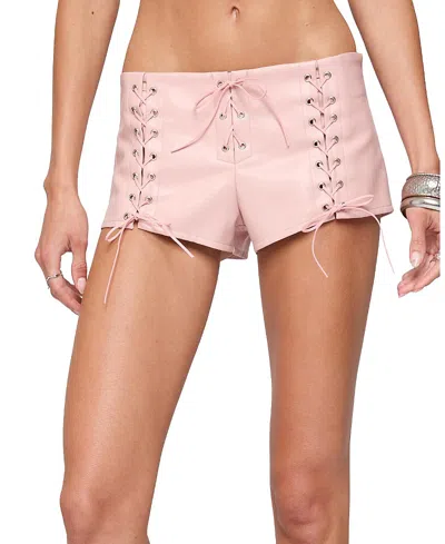 Edikted Elisha Lace Up Faux Leather Shorts In Pink
