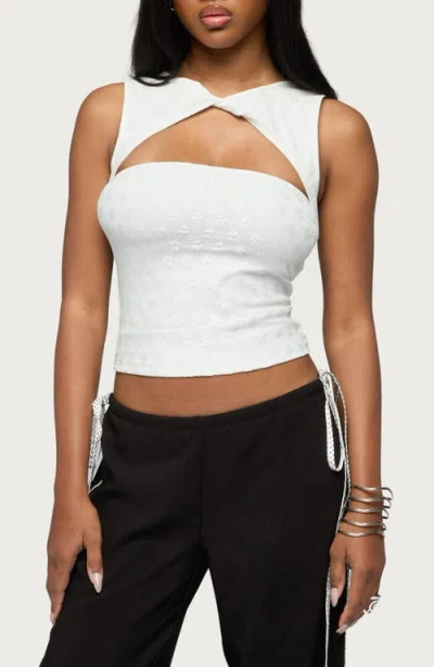 Edikted Elisia Twist Neck Cutout Floral Lace Crop Top In White