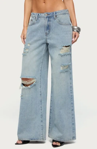 Edikted Ellah Distressed Low Rise Baggy Jeans In Blue