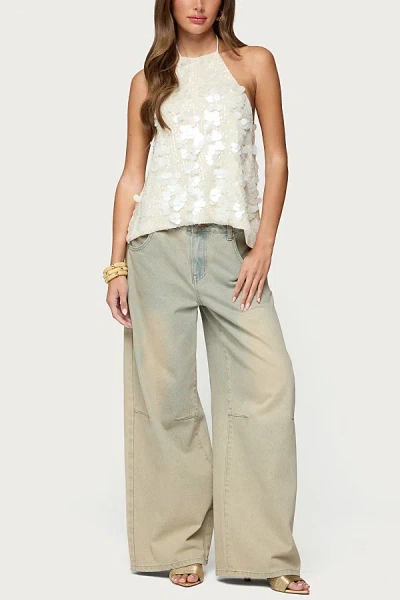 EDIKTED ELLORIE BACKLESS SEQUIN HALTER TOP IN CREAM, WOMEN'S AT URBAN OUTFITTERS