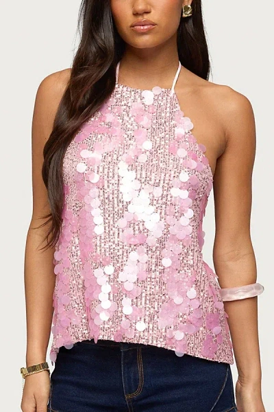 Edikted Ellorie Backless Sequin Halter Top In Pink, Women's At Urban Outfitters