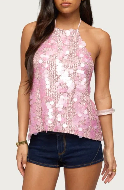 Edikted Ellorie Sequin Open Back Halter Top In Pink
