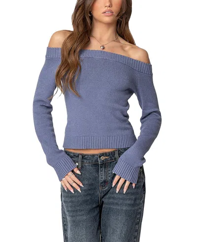 Edikted Elona Off Shoulder Knit Top In Blue