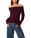 Edikted Elona Off The Shoulder Long Sleeve Knit Top In Burgundy